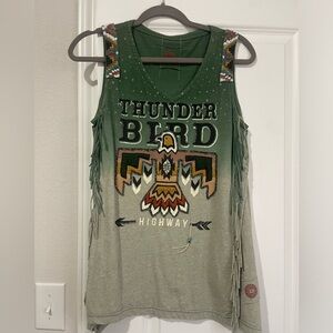 Double D Ranch Green Thunderbird Fringe Tank Top